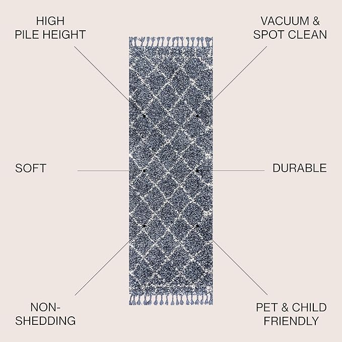JONATHAN Y Mercer Shag Plush Tassel Blue/Cream Runner Rug, 2x8, Moroccan Geometric Trellis, Easy-Cleaning for Living Room, Bedroom, Kitchen, Pet Friendly, Non-Shedding (MCR101A-28)