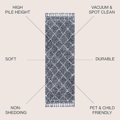 JONATHAN Y Mercer Shag Plush Tassel Blue/Cream Runner Rug, 2x8, Moroccan Geometric Trellis, Easy-Cleaning for Living Room, Bedroom, Kitchen, Pet Friendly, Non-Shedding (MCR101A-28)