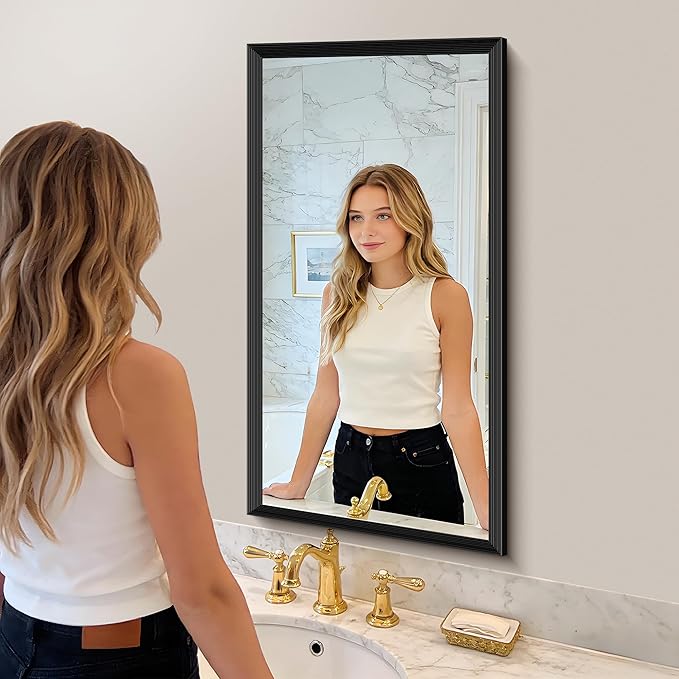 Black Bathroom Mirror 20 x 40 Inch Rectangle Wave Beveled Frame for Wall Bathroom Vanity Mirror for Over Sink, Tempered Glass,for Entryway Hangs, Bathroom Living Room Horizontal or Vertical