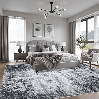8x10 Area Rug Living Room Rug: Washable Modern Abstract Soft Thin Rug Indoor Floor No Slip Stain Resistant Carpet for Bedroom Dining Room Farmhouse Nursery Home Office - Dark Black