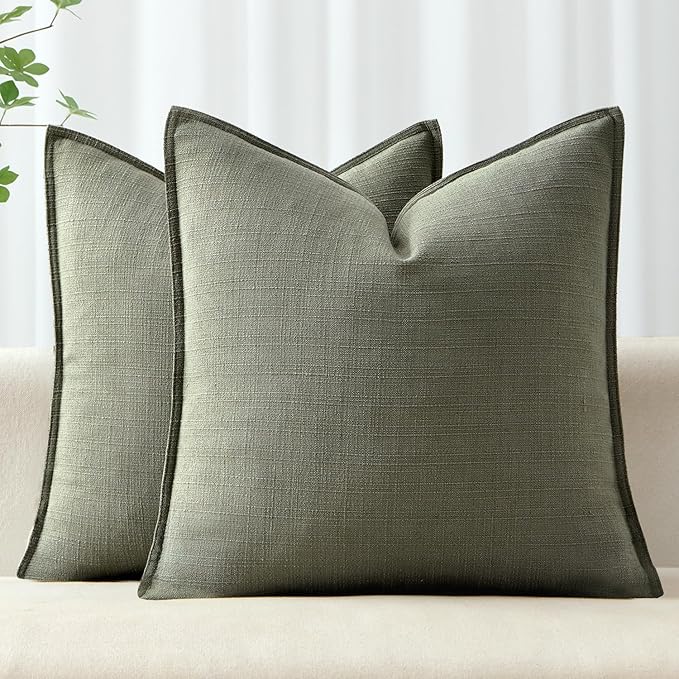 MIULEE Pack of 2 Thick Textured Couch Throw Pillow Covers, Olive Green Decorative Pillow Covers 22x22, Neutral Linen Cushion Cases for Sofa Bed Living Room Modern Farmhouse Home Decor, No Filling