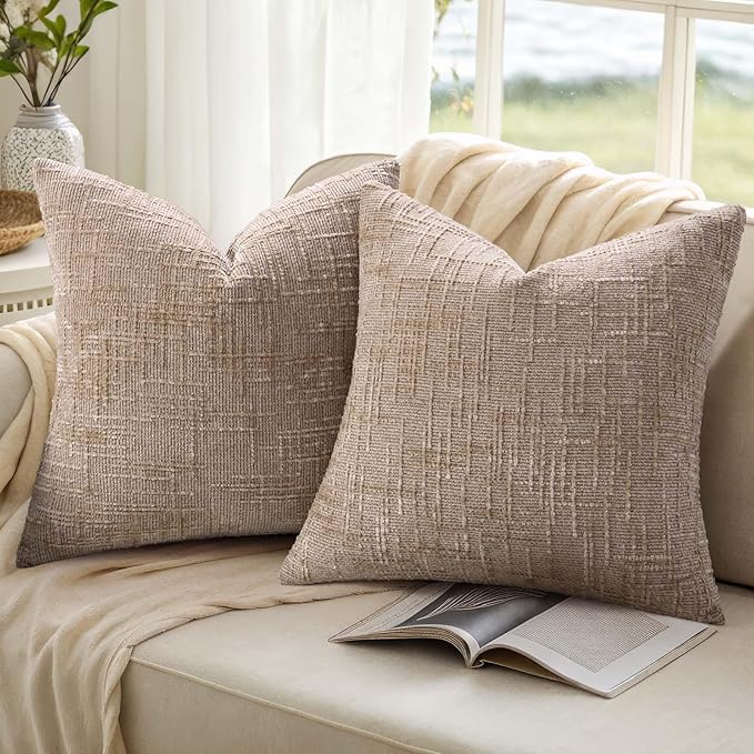 decorUhome Spring Oatmeal Chenille Euro Sham Throw Pillow Covers 24x24 Set of 2 Textured Slubby Couch Pillow Covers Farmhouse Accent Modern Neutral Decorative Pillow Cases for Bed Sofa Living Room