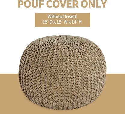 HOMBYS Unstuffed Ottoman Pouf Cover, 100% Cotton Handmade Knitted Ottoman Pouf Cover Round Foot Stool, Floor Bean Bag Chair, Foot Rest Storage for Living Room Bedroom, Khaki(Cover ONLY NO Filler)