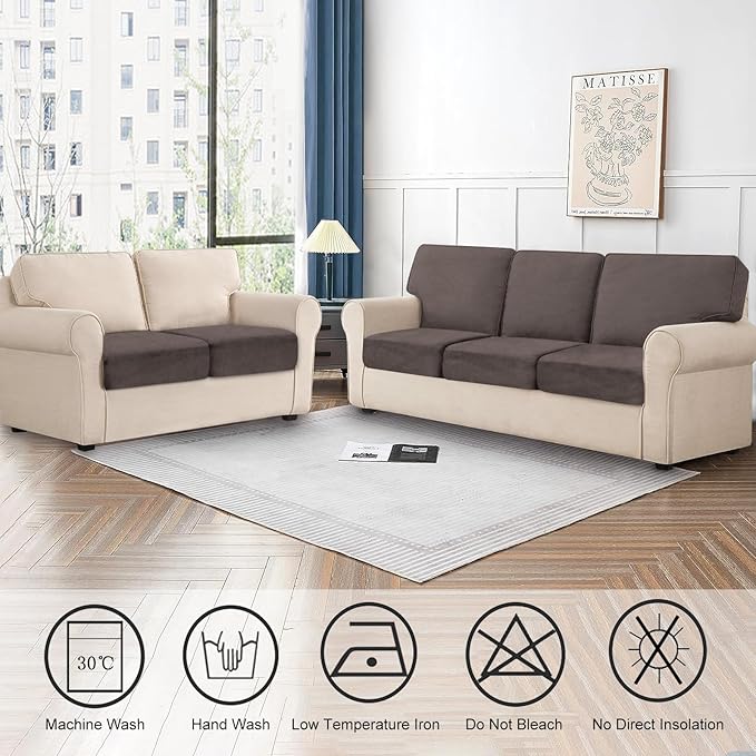 Couch Cushion Cover Velvet 2 Pieces Seat Cushion Cover Stretch LoveSeat Couch Covers Separate Sectional Sofa Slipcovers Furniture Protector (2-Seater or Backrest, Coffee)
