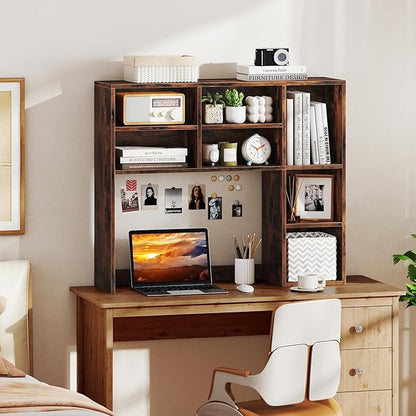 Desk Hutch, Desktop Organizer with 7 Cubes & 3 Adjustable Shelves, 3 Tier Wooden Display Rack, 37” Counter Top Bookshelf for Dorm, College, Home Office, Hutch Top Only