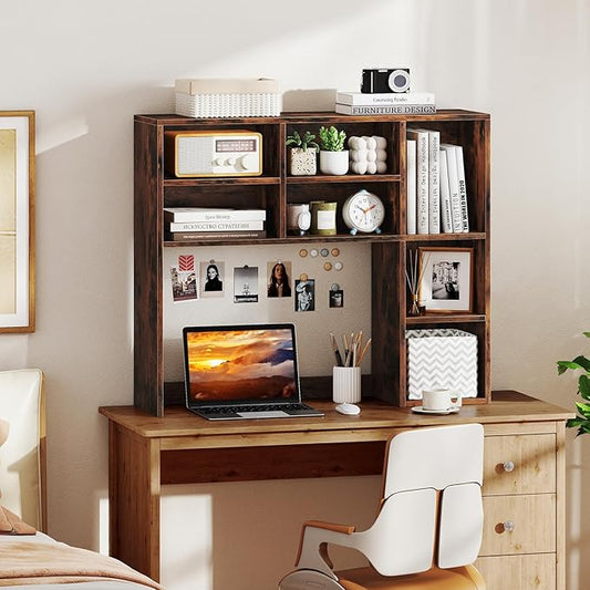 Desk Hutch, Desktop Organizer with 7 Cubes & 3 Adjustable Shelves, 3 Tier Wooden Display Rack, 37” Counter Top Bookshelf for Dorm, College, Home Office, Hutch Top Only