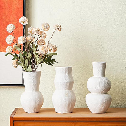 White Textured Ceramic Vase Set of 3 – Modern Decorative Pottery Vases for Boho and Farmhouse Home Decor, Minimalist Flower Vases for Living Room, Shelf, Mantel or Table Display