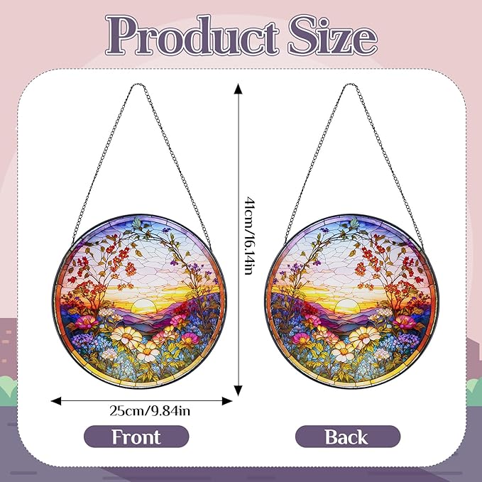 Stained Glass Window Hanging Sunset Suncatcher, Renyalora 10 Inch Round Real Glass Panel with Mountain Landscape and Wildflower Sun Catcher for Indoor Windows, Home, Garden, or Outdoor Wall Decor