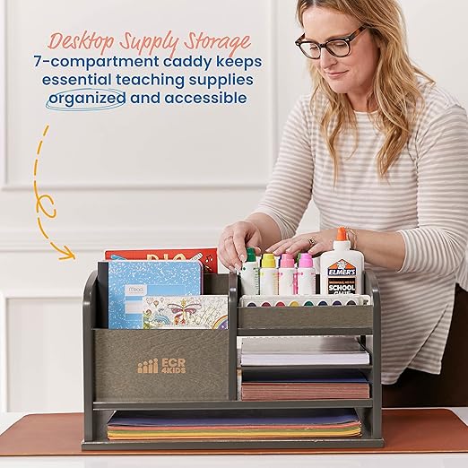 ECR4Kids Tabletop Supplies Storage Center, Teacher Caddy, Grey Wash
