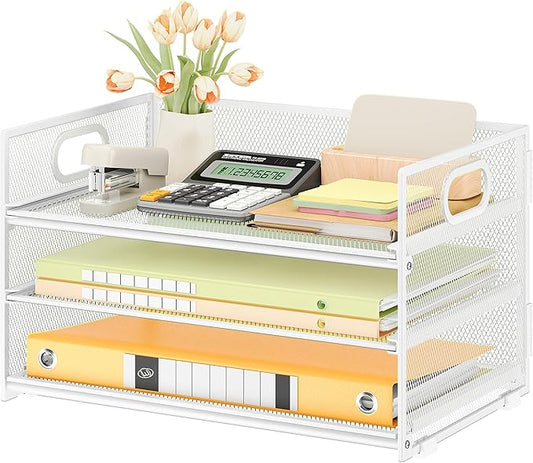 Subekyu 3 Tier Letter Tray Paper Organizer with Handle, 1 PC Sliding Tray, White Metal Mesh Desk File Folder Paper Sorter Organizer for Home Office School Desk Supplies Organization Storage