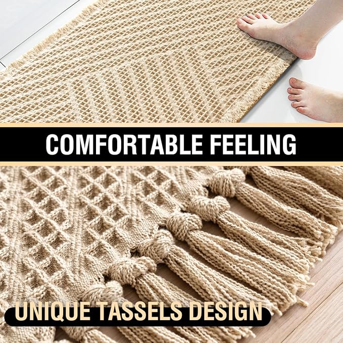 H.VERSAILTEX Waffle Bath Runner Rug Long Bath Mat Super Absorbent Boho Bath Rugs Non Slip Bath Runner for Bathroom Floor Machine Washable Dry Fast Bathroom Rugs with Tassels, 24" x 60", Sand