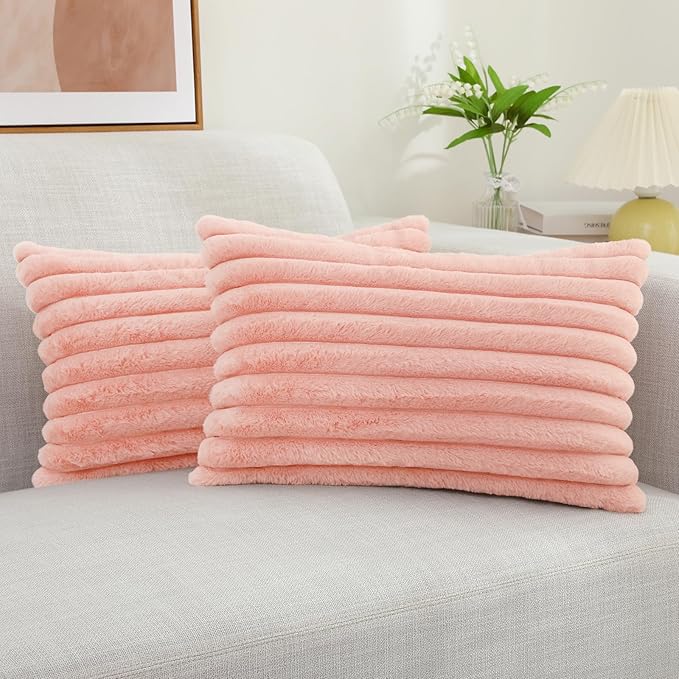 decorUhome Faux Fur Spring Throw Pillow Covers 12x20 Set of 2, Decorative Soft Plush Striped Lumbar Neutral Couch Pillow Covers with Velvet Back for Sofa, Bed, Living Room Home, Blush Pink