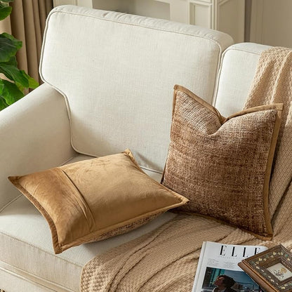 Yaertun Pack of 2 Chenille Textured Decorative Throw Pillow Covers Accent Solid Cushion Cover Soft Cozy Pillow Case with Velvet Back for Couch Sofa Bed Living Room 16x24 Inch Light Brown