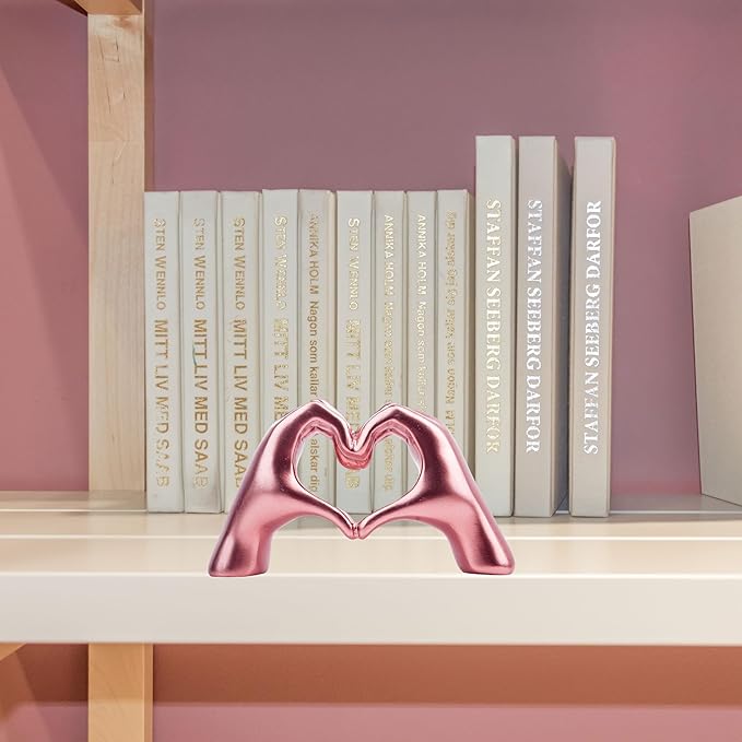 Small Heart Hands Sculpture Decor for Living Room Bedroom Bookshelf Coffe Table, Love Finger Statue Modern Aesthetic Home Decor, Unique Gift for Wedding Christmas Birthday (Shiny Pink)