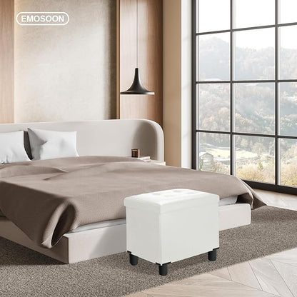 18 Inches Cube Storage Ottoman, Faux Leather Collapsible Square Folding Ottoman Furniture with Storage for Living Room Bedroom, Foot Rest Foot Stool with Legs, White 18x18x18 Inches
