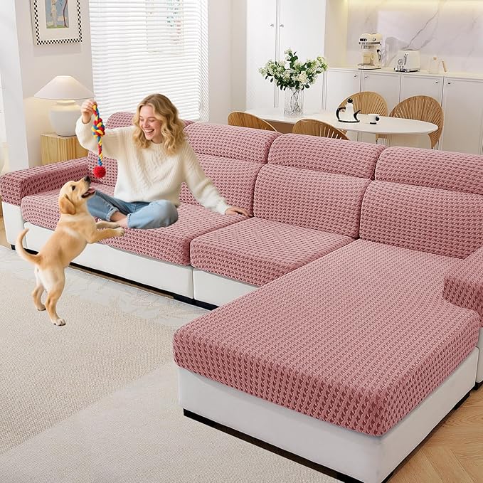 MAXIJIN Couch Cushion Covers for Sectional Sofa, Stretch Sofa Cushion Cover Washable Furniture Protector with Elastic Bottom & Non-Slip Strap for Pets Kids (1PC Seat Cover, Pink)