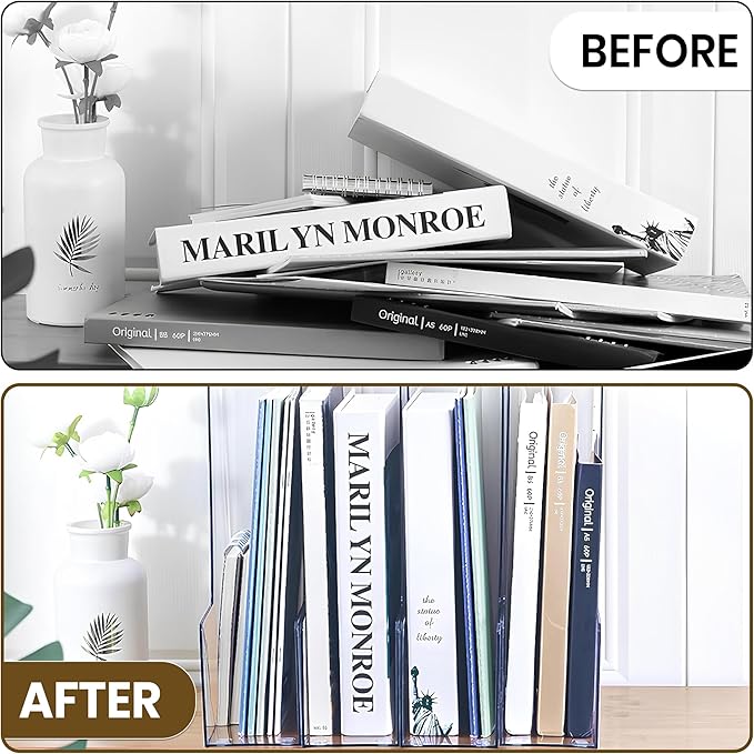 2-Pack Clear Acrylic Magazine File Holder, Vertical File Folder Holder, Acrylic Desk Organizer, Magazine Holder, Bookshelf Desk Office, Folder Organizer Document Rack + Phone Holder