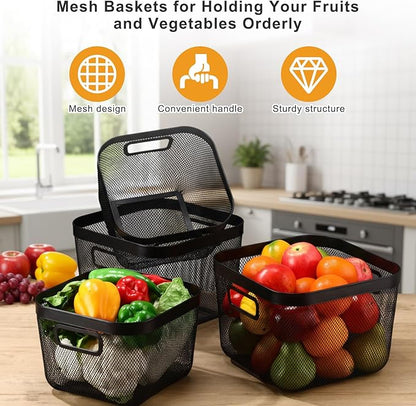 4 Pack Metal Mesh Basket with Hollow Handles Black Wire Storage Bin for Organizing Stackable Metal Fine Mesh Basket for Pantry Bathroom Kitchen Cabinets Shelves (Medium and Large)