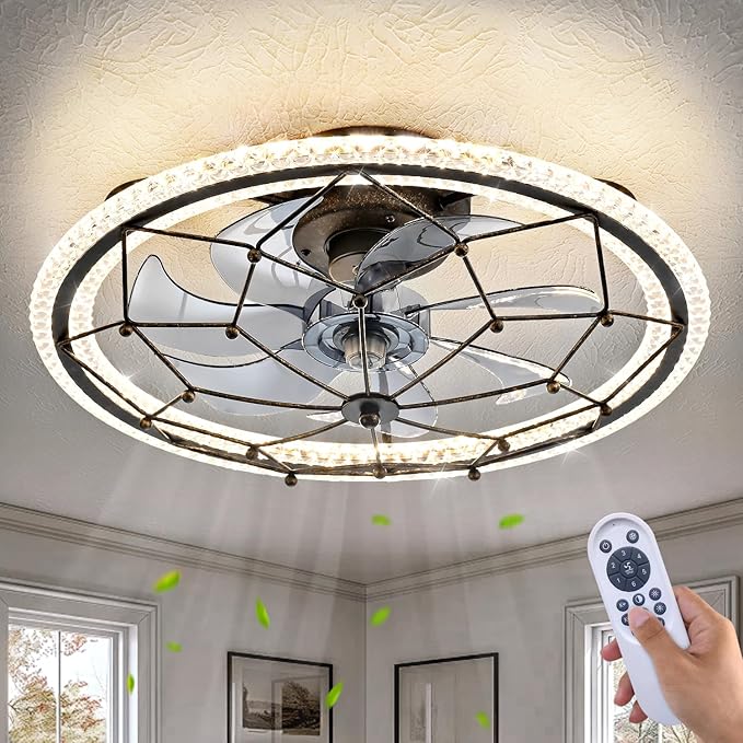 Rustic Black Ceiling Fan with Light, Farmhouse Chemistry Molecular Model Caged Ceiling Fan with Remote, LED Low Profile Ceiling Light for Bedroom Kitchen Living Room