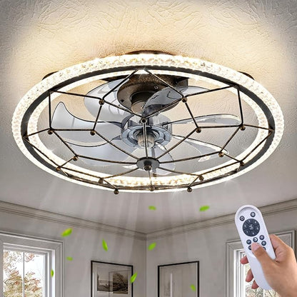 Rustic Black Ceiling Fan with Light, Farmhouse Chemistry Molecular Model Caged Ceiling Fan with Remote, LED Low Profile Ceiling Light for Bedroom Kitchen Living Room