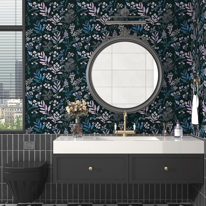 Vintage Blue Wallpaper Peel and Stick Dark Pink Floral Wallpaper 17.5'' x 118'' Dark Blue Leaf Contact Paper Vinyl Waterproof Self Adhesive Boho Botanical Wall Paper for Bedroom Cabinet Décor