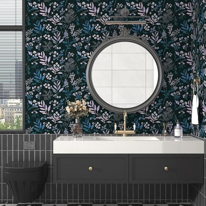 Vintage Blue Wallpaper Peel and Stick Dark Pink Floral Wallpaper 17.5'' x 118'' Dark Blue Leaf Contact Paper Vinyl Waterproof Self Adhesive Boho Botanical Wall Paper for Bedroom Cabinet Décor