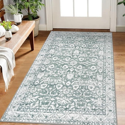 Vintage Floral 3x5 Rug, Sage Green White Entryway Rug Small Area Rug Washable Non-Slip Throw Rug, Thin Printed Faux Wool Low-Pile Kitchen Rugs Super Soft Capet for Entrance Bedroom Office