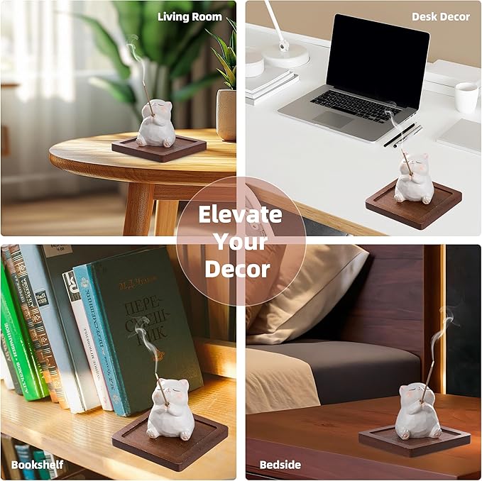Lionpower Incense Holder for Sticks with Burner & Ash Catcher - Resin Cat, Wooden Tray, 10 Incense Sticks for Meditation Yoga Spa, Cute Home Decor Room Accessories (Cat)