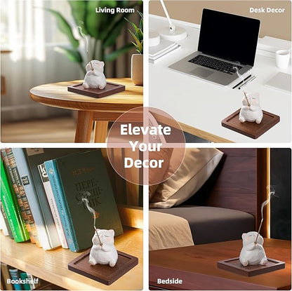 Lionpower Incense Holder for Sticks with Burner & Ash Catcher - Resin Cat, Wooden Tray, 10 Incense Sticks for Meditation Yoga Spa, Cute Home Decor Room Accessories (Cat)