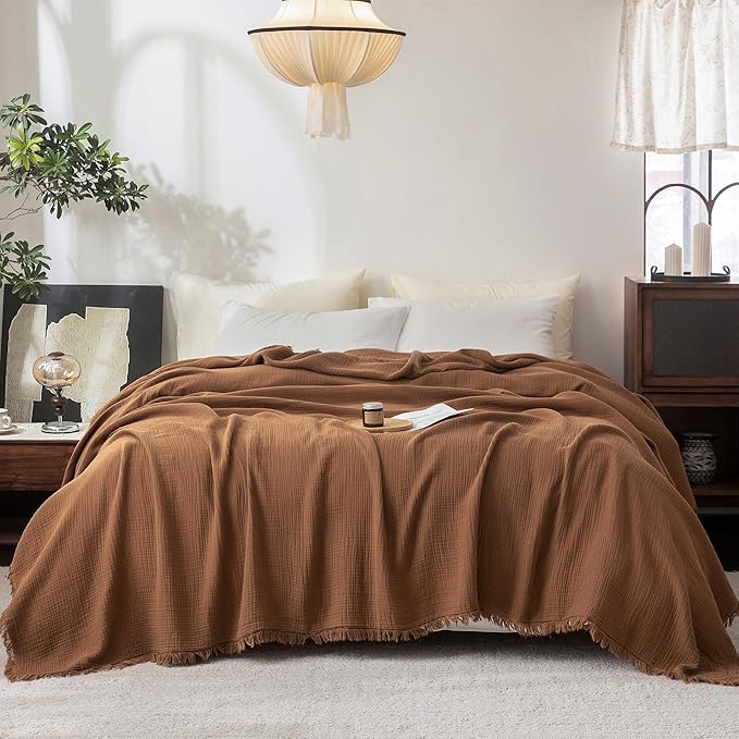 FOSSA Muslin Blanket with Fringe - 4-Layer 100% Cotton Gauze Super Soft & Breathable Throw -Lightweight Decorative Cooling Blanket for Bed, Sofa, Office (Dark Orange, Super King (108" × 98"))