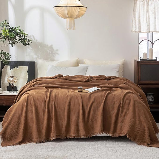 FOSSA Muslin Blanket with Fringe - 4-Layer 100% Cotton Gauze Super Soft & Breathable Throw -Lightweight Decorative Cooling Blanket for Bed, Sofa, Office (Dark Orange, Super King (108" × 98"))