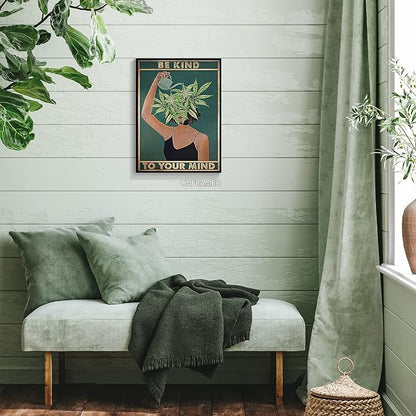 Vintage Be Kind To Your Mind Poster Mental Health Quote Canvas Wall Art Posters Cool Unique Green Plant Girl Print Painting Retro Home Wall Decor Pictures for Women Bedroom 16x24in Unframed