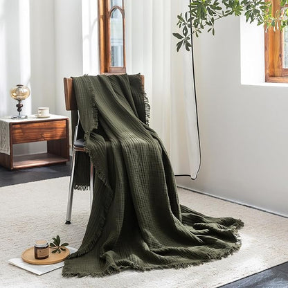 FOSSA Muslin Blanket with Fringe - 4-Layer 100% Cotton Gauze Super Soft & Breathable Throw -Lightweight Decorative Cooling Blanket for Bed, Sofa, Office -Throw XL Size 70" x 50" (Olive Green)