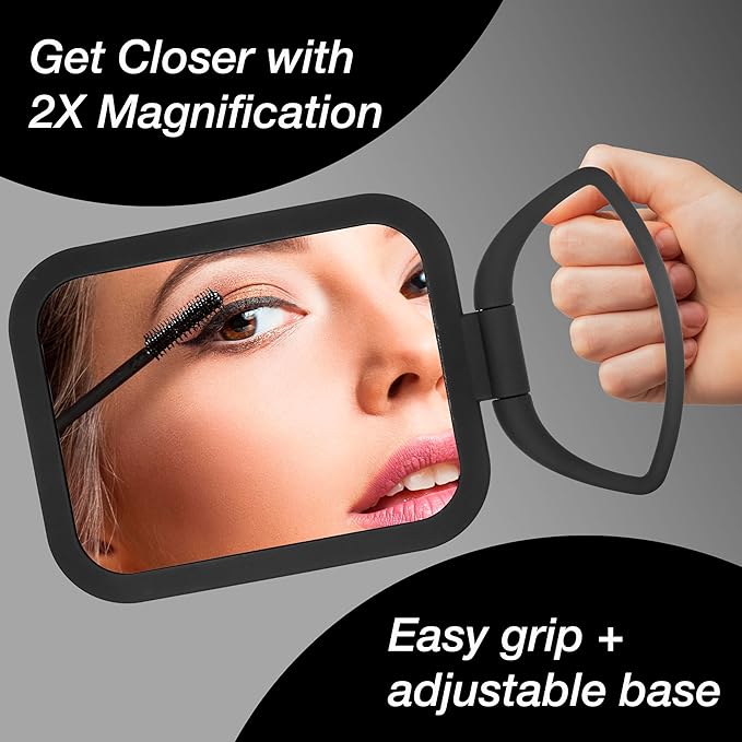 EXPRESSIONS Premium Soft Touch Rotating Mirror 1x 2X Magnification - Rectangle Black Vanity Handheld Tabletop Makeup Small Desk Travel