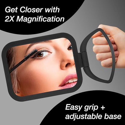 EXPRESSIONS Premium Soft Touch Rotating Mirror 1x 2X Magnification - Rectangle Black Vanity Handheld Tabletop Makeup Small Desk Travel