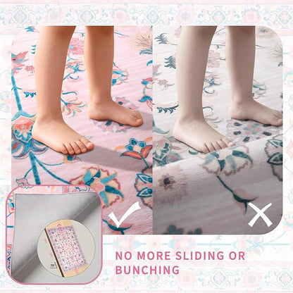 Tangsoo 4x6 Washable Area Rug, Non Slip Pink Floral Rug for Bedroom Girls Nursery Bedside, Soft Low Pile Floor Carpet Indoor Mat Cute Home Decor for Office Classroom Reading Corner Baby Teen Room