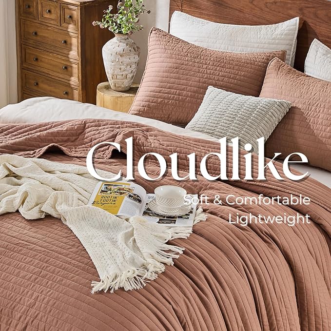 DOWN HOME King Quilt Bedding Set with Shams, Vintage Washed Soft Quilted Blanket Thin Comforter Lightweight Bedspread Coverlet Bed Cover, Brushed Microfiber Stripe Stitching, Desert Blush, 104"x90"