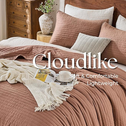 DOWN HOME Twin Quilt Bedding Set with Sham, Vintage Washed Soft Quilted Blanket Thin Comforter Lightweight Bedspread Coverlet Bed Cover, Brushed Microfiber Stripe Stitching, Desert Blush, 66"x92"