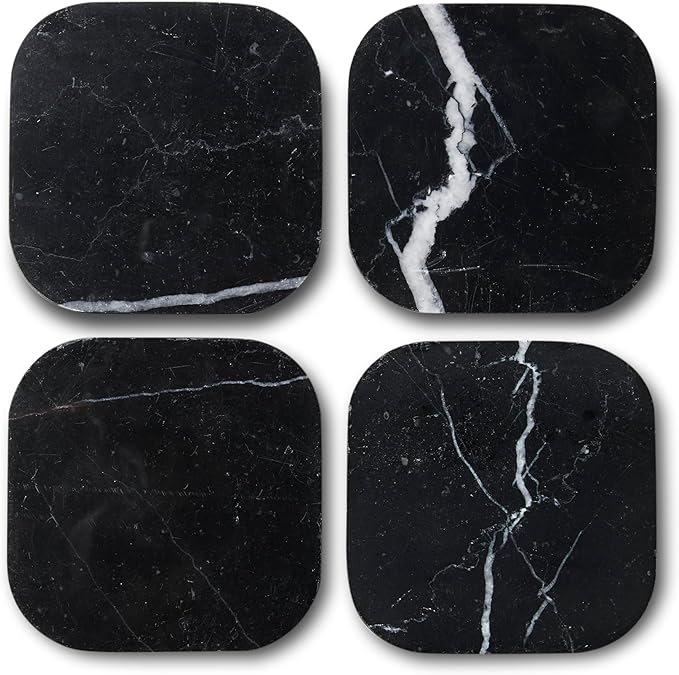 Marble Coasters for Drinks – Square Set of 4 Stone Holders for Dinning Tables, Coffee Tables (Black Marquina)