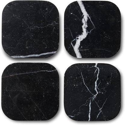 Marble Coasters for Drinks – Square Set of 4 Stone Holders for Dinning Tables, Coffee Tables (Black Marquina)