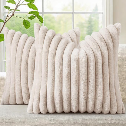 decorUhome Faux Fur Spring Throw Pillow Covers 20x20 Set of 2, Decorative Soft Plush Striped Neutral Couch Pillow Covers with Velvet Back for Sofa, Bed, Living Room Home, Beige