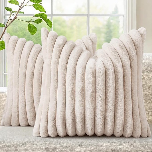 decorUhome Faux Fur Spring Throw Pillow Covers 18x18 Set of 2, Decorative Soft Plush Striped Neutral Couch Pillow Covers with Velvet Back for Sofa, Bed, Living Room Home, Beige