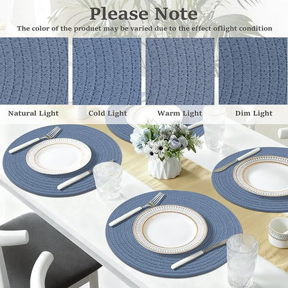 Round Placemats Set of 6, Cotton Rope Woven Table Mats, Hot Pads for Kitchen, Non Slip Heat Resistant Place Mats, 13 Inches Braided Placemat for Farmhouse Decor and Kitchen Table Decor (Blue)