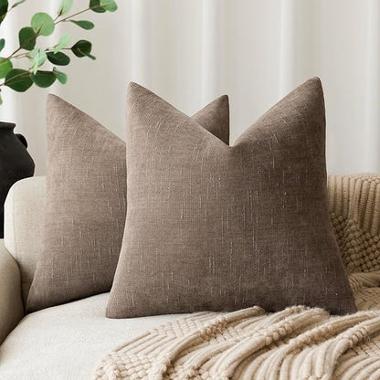Foindtower Pack of 2 Soft Textured Chenille Throw Decorative Pillow Covers Square Accent Solid Cushion Cover Cozy Farmhouse Pillow Case with Zipper for Couch Sofa Bedroom Living Room 16x16 Inch, Taupe