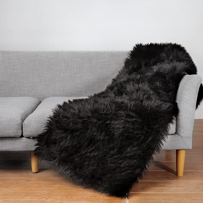 Ciicool Faux Fur Rug for Bedroom, Black Fluffy Shag Rugs for Sofa Couch Seat Cushion, Washable Fuzzy Runner Thick Fur Floor Carpets for Bedside Living Room, 2x6 Ft Rectangle