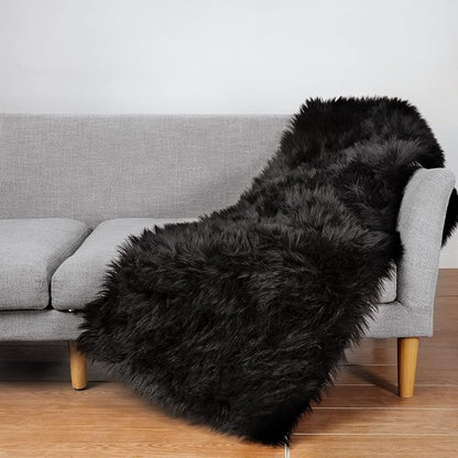 Ciicool Faux Fur Rug for Bedroom, Black Fluffy Shag Rugs for Sofa Couch Seat Cushion, Washable Fuzzy Runner Thick Fur Floor Carpets for Bedside Living Room, 2x6 Ft Rectangle