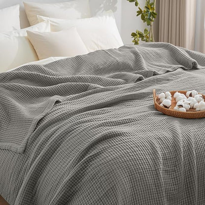 PHF 100% Cotton Waffle & Muslin Blanket Queen Size, Soft Breathable Luxury 400GSM Versatile Reversible Bedding for Bed, Great for Layering in Cold Weather, Home Decor Gift, 90" x 90", Frosted Grey