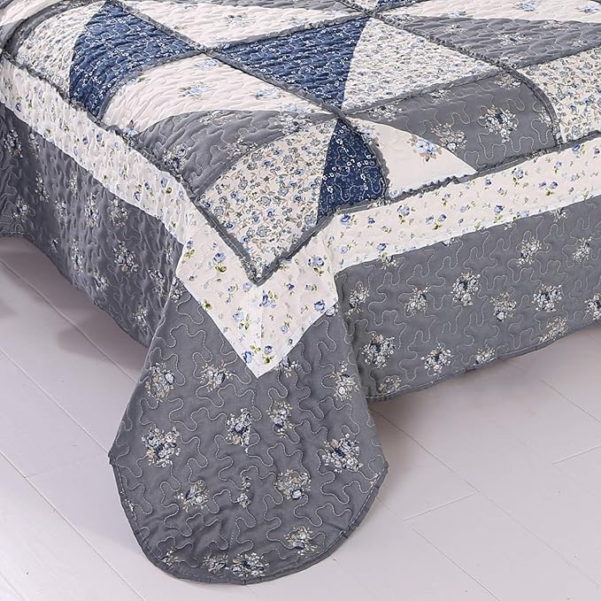 Patchwork Quilt Set King Size Quilted Bedspread Coverlet Set 3-Piece Grey Lightweight Comforter Floral Reversible Stitched Quilt Bedding Set Bed Cover Blanket with 2 Pillow Shams for All Season