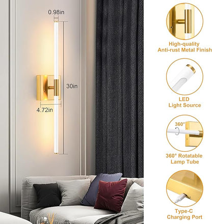 30 Inch White Gold Battery Operated Wall Sconces Set of 2, Dimmable Battery Wall Sconce with Remote Control, LED Rechargeable Sconces, Modern Wireless Wall Lights for Bedroom, Living Room