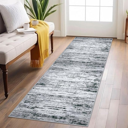 Modern Abstract Runner Rug 2x6, Black Grey White Washable Kitchen Runner Non-Slip Soft Hallway Rug Runner Thin Print Faux Wool Carpet for Entryway Bedroom Laundry Room Indoor Home Decor
